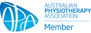 Australian Physiotherapy Association Member logo featuring stylized white letters "APA" on a blue abstract shape, with the association name and "Member" written on the right.