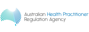 Logo of the Australian Health Practitioner Regulation Agency, featuring a stylized blue and teal design on the left and the agency's name in black and blue text on the right.