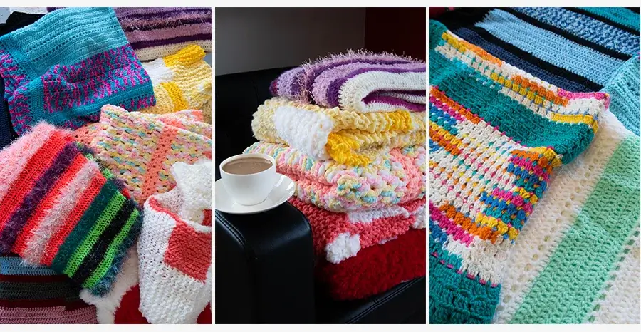 Three images of colorful crocheted blankets and afghans, with various patterns and textures, stacked or draped on furniture. One blanket stack is beside a cup of coffee on a black chair.