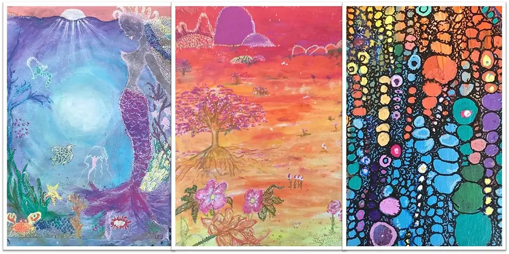 Three colorful paintings: a mermaid underwater with sea creatures, a surreal landscape with a tree and purple mountains, and an abstract pattern of vibrant, multicolored circles and shapes.