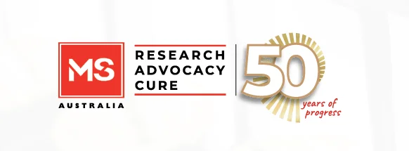 Logo for MS Australia featuring a red square with "MS" in white, the words "Research Advocacy Cure," and a gold "50" celebrating 50 years of progress.