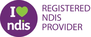 A purple circle with a green heart and the words "I love ndis." To the right, text reads "Registered NDIS Provider" in purple uppercase letters.