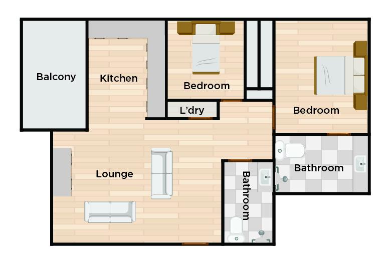 A 2-bedroom apartment floor plan with a lounge, kitchen, balcony, laundry, two bathrooms, and two bedrooms. The lounge and kitchen are open, and the balcony is connected to the kitchen.