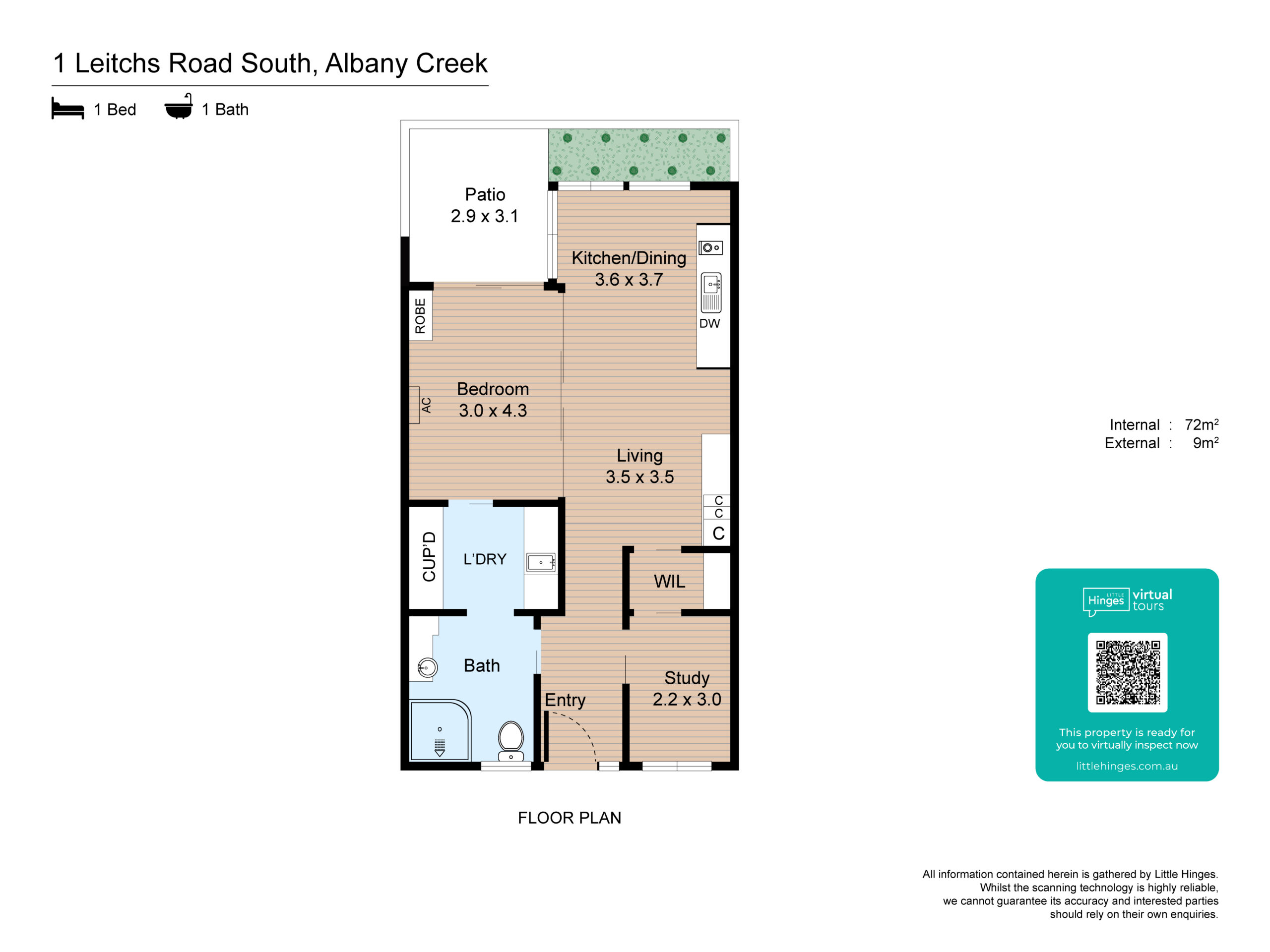 Floor plan of a one-bedroom, one-bath unit with a patio, kitchen/dining area, living room, study, laundry, and entry. The layout is rectangular with rooms labeled and measurements provided.
