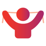 A simple red and pink gradient icon of a person stretching with both arms raised, holding a light-colored band above their head.