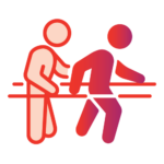 Illustration of one person assisting another person to walk using parallel bars, representing physical therapy or rehabilitation support. The figures are stylized with red and orange gradients.