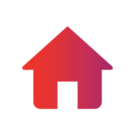 A simple house icon with a pointed roof and open doorway, filled with a red-to-pink gradient, displayed on a light gray background.