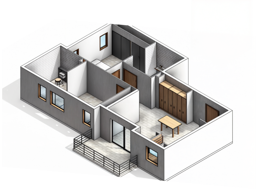Isometric view of a one-story floor plan with a bedroom, bathroom, kitchen, dining area, closets, and a front entrance with a railing. The rooms are furnished and separated by interior walls and doors.