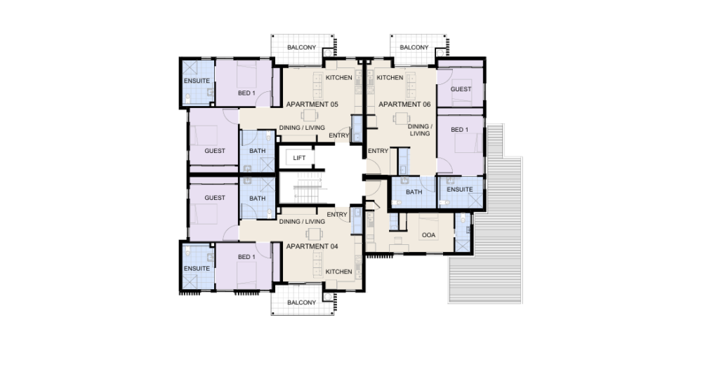 Apartment building floor plan showing six units, each with kitchen, dining/living area, bathroom, bedrooms, ensuite, guest rooms, and balconies. Central corridors and a lift connect all apartments.