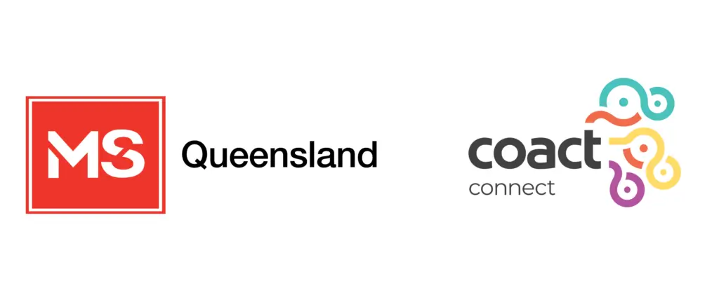 Logos for MS Queensland, featuring a red square with white "MS" text, and CoAct Connect, with stylized black text and a colorful abstract design of interconnected shapes.