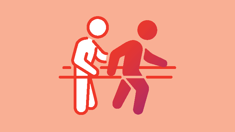 Two simplified stick figures, one assisting the other as they walk along parallel bars, representing physical therapy or rehabilitation support, on a peach-colored background.