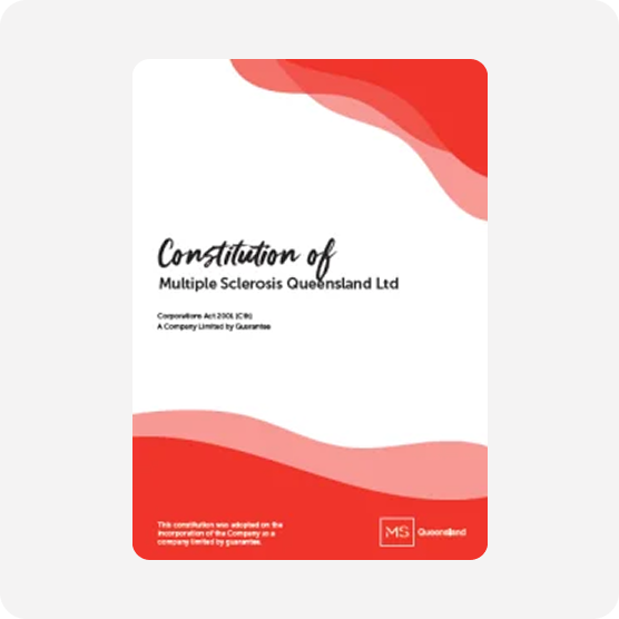 Cover of the "Constitution of Multiple Sclerosis Queensland Ltd" booklet, featuring abstract red and pink wave designs on a white background. The MS Queensland logo appears in the bottom right corner.