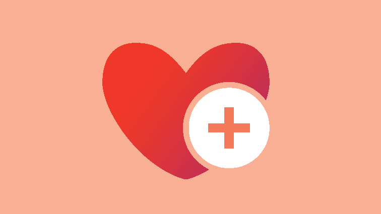 A red heart icon with a white medical cross inside a circle overlapped on the right side, set against a peach background.