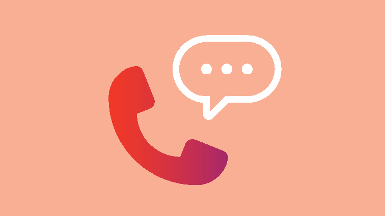 A red phone handset icon and a speech bubble with three dots inside, symbolizing a phone call or communication, on a peach-colored background.