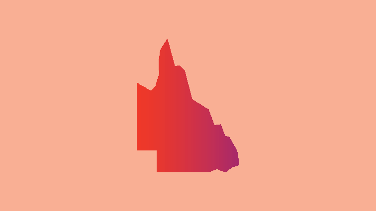 A silhouette of Queensland, Australia, filled with a red-to-purple gradient, is centered on a solid peach background.