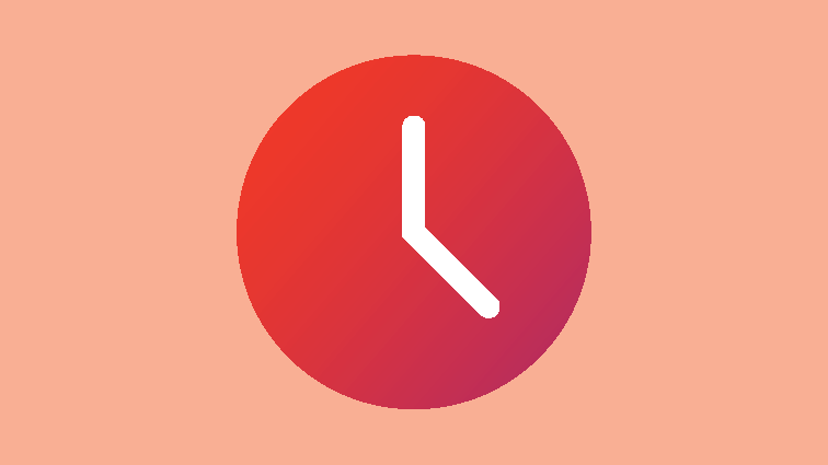A simple clock icon with white hands showing 4:00 on a red circular background, set against a light peach backdrop.