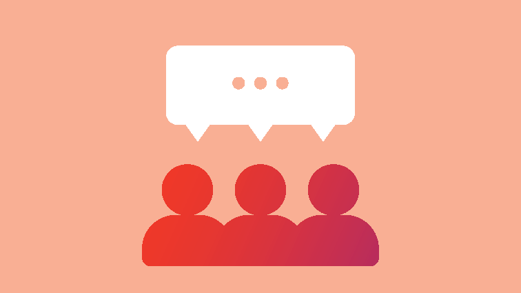 Illustration of three stylized people with a large speech bubble containing ellipsis above them, symbolizing group communication or discussion, on a peach background.