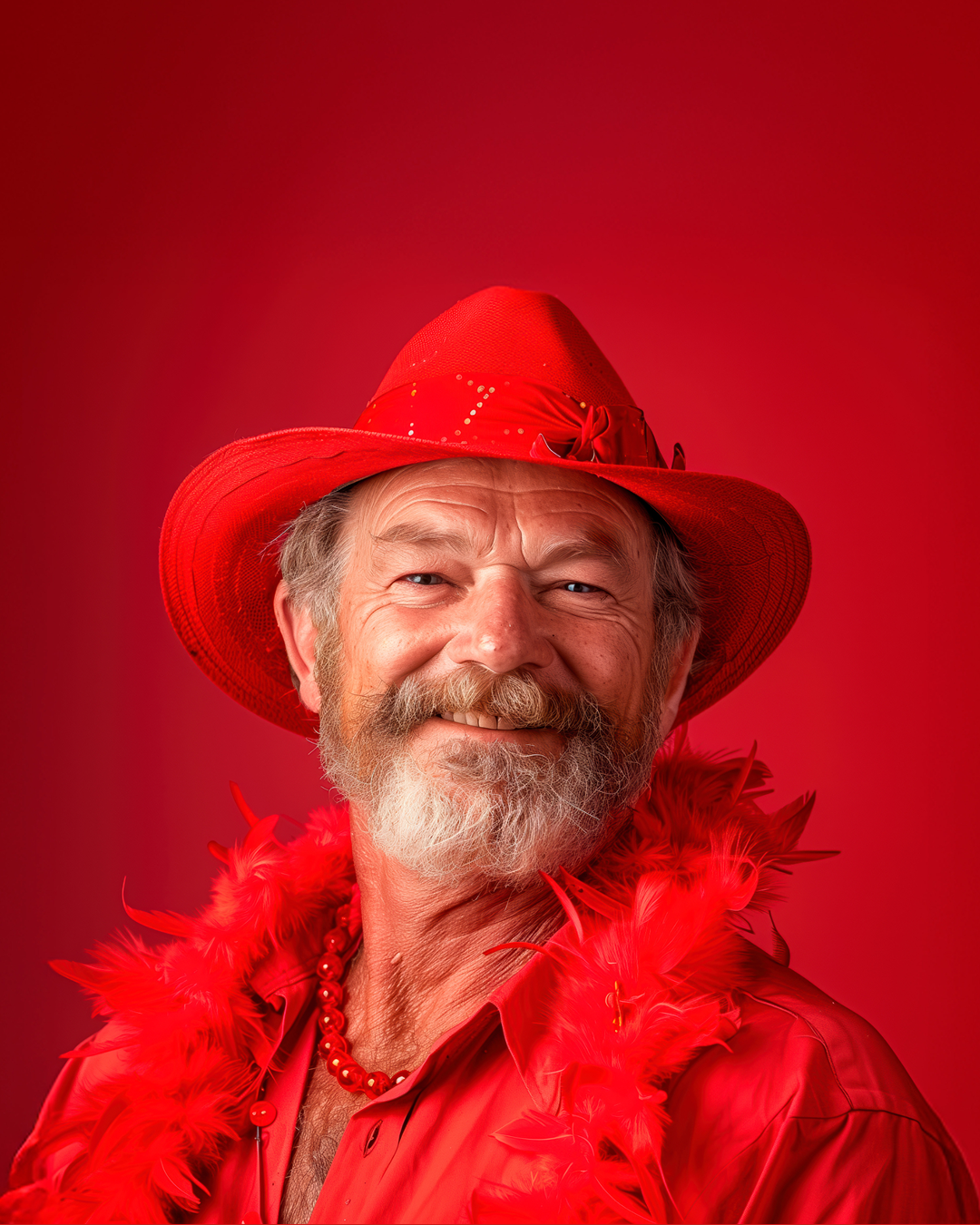 A smiling older man with a white beard wears a red hat, red feather boa, red shirt, and red beaded necklace, standing against a bright red background.