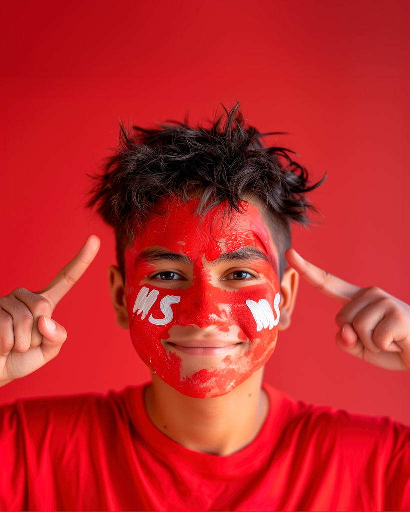 A smiling child with messy dark hair, wearing a red shirt, has their face painted red with "MS" written in white on both cheeks, and is pointing to their face with both index fingers against a red background.