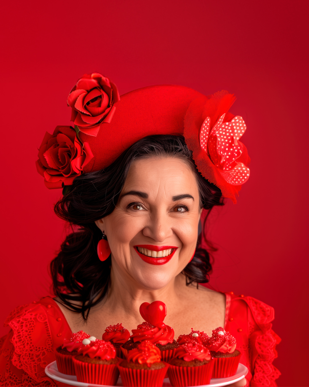A smiling woman with dark hair wears a bright red hat adorned with large flowers and matching earrings. She holds a platter of red cupcakes with heart decorations, all set against a vibrant red background.