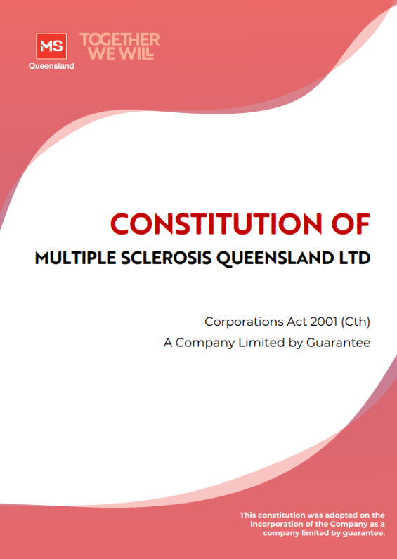 Cover of the "Constitution of Multiple Sclerosis Queensland Ltd" document, featuring red and white abstract waves, the MS Queensland logo, and text referencing the Corporations Act 2001 and company incorporation details.